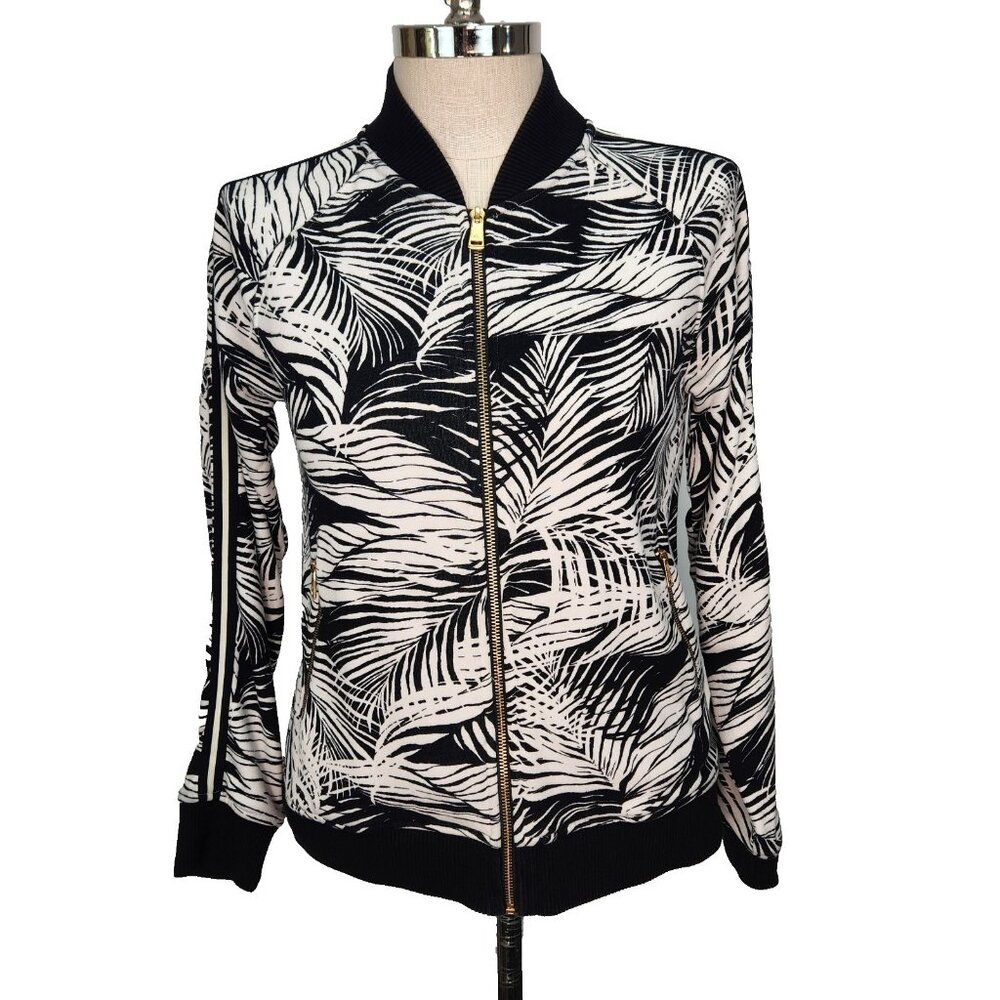 Lauren Ralph Lauren Full Zip Track Jacket M Black White Palm Print Gold Hardware